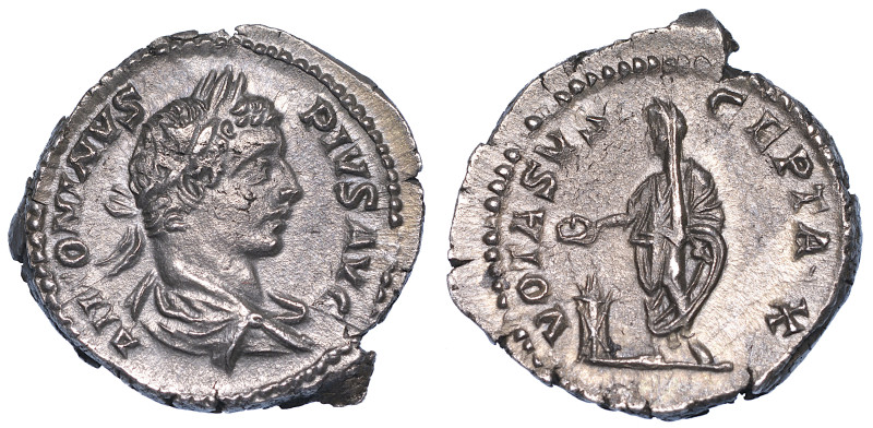 CARACALLA, 198-217., Denario.
Testa laureata a d. R/ L'imperatore, stante e tog...