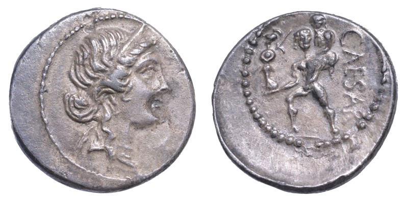 GIULIO CESARE, +44., Denario, anni 47-46. Africa.
Busto di Venere diademato e d...