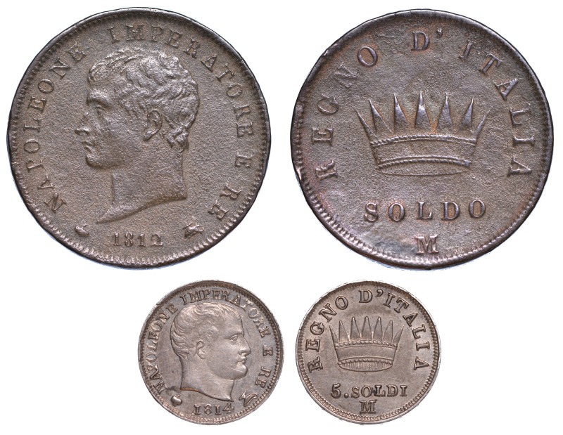 MILANO. NAPOLEONE, 1805-1814. Lotto di due monete.

5 Soldi 1814. Gig. 196. g....