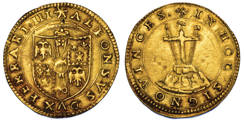 FERRARA. ALFONSO I D’ESTE, 1505-1534., Scudo d’oro del sole.

Stemma. R/ Il mo...