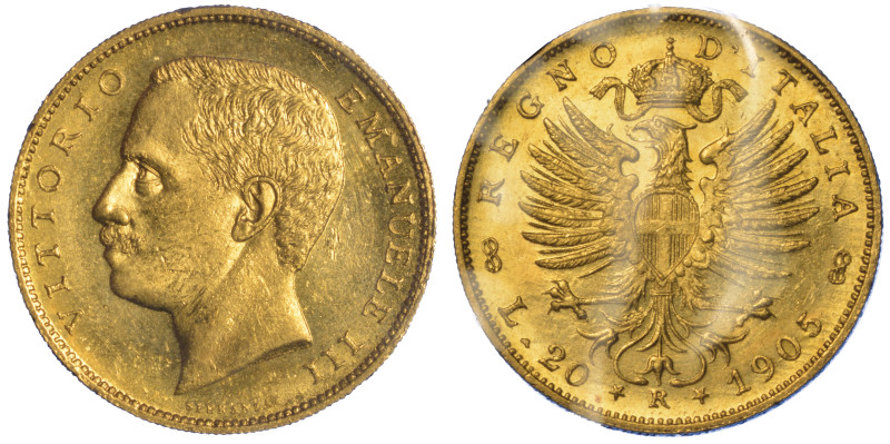 REGNO D'ITALIA. VITTORIO EMANUELE III DI SAVOIA, 1900-1946., 20 Lire 1905. Aquil...