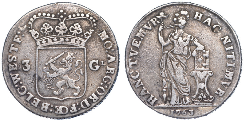 PAESI BASSI - WEST FRIESLAND., 3 Gulden 1763.

Stemma coronato. R/ Figura femm...