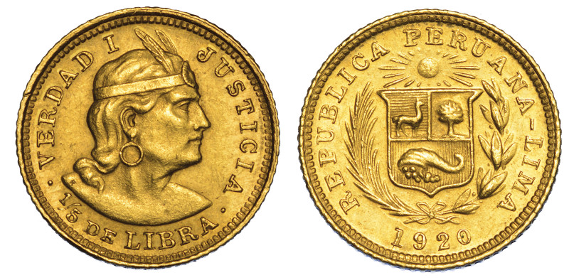 PERÙ. REPUBLICA, DAL 1821., 1/5 Libra 1920. Lima.

Testa di indiano a d. R/ So...