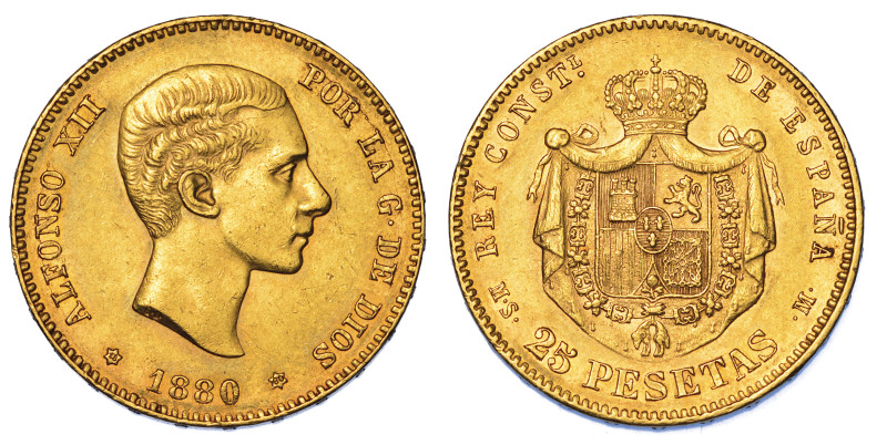 SPAGNA. ALFONSO XII, 1874-1885., 25 Pesetas 1880.

Testa a d. R/ Stemma reale ...