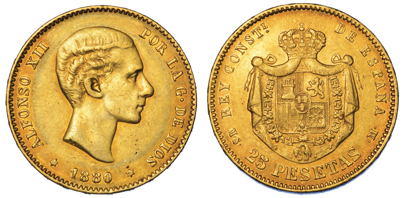 SPAGNA. ALFONSO XII, 1874-1885., 25 Pesetas 1880.

Testa a d. R/ Stemma reale ...