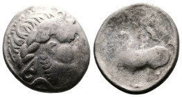 Middle Danube Tribes ''Kugelwange" type. AR Tetradrachm (23mm, 10,42g.). Imitating the types of Philip II of Macedon. 3rd. Century BC. Celticized laur...