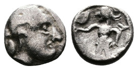 Central European Tribes, Boii. 1st. Century BC. AR Obol (9,5 mm, 0,77 g.) Athena-Alkis-series. Celticized male head to right. Rev. Stylized Athena Alk...