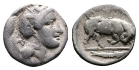 Lucania, Thurium, circa 443-400 BC, AR Diobol (12mm, 0,97 g.) Head of Athena right, wearing wreathed Attic helmet. Rev. ΘΟΥΡΙΩΝ Bull walking right in ...