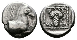 Thrace, Maroneia,circa 398/7 - 386/5 BC. AR Triobol (14mm, 2,70g.). Forepart of horse to right, ΜΟΛ−Π−Ο in the fields. Rev. ΜΑ EΠΙ Grape bunch on vine...