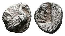 Thrace, Dikaia, circa 480-450 BC. AR Trihemiobol (9 mm, 0,74 g.). Rooster moving to right. Rev. Head of bearded Herakles to right, wearing lion skin h...