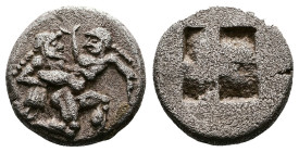 Islands off Thrace, Thasos. ca. 550-478 BC. AR Drachm (15 mm. 3,64 g.). Ithyphallic satyr advancing right, carrying off protesting nymph, her hand sho...