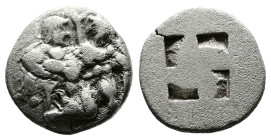 Islands off Thrace, Thasos. ca. 550-478 BC. AR Drachm (16 mm. 3,83 g.). Ithyphallic satyr advancing right, carrying off protesting nymph, her hand sho...