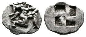 Islands off Thrace, Thasos, 500-480 BC. AR Trihemiobol (13mm, 1,26 g.). Archaic ithyphallic satyr running right, masturbating. Rev. Quadripartite incu...