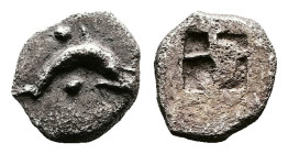 Islands off Thrace, Thasos, circa 435-411 BC. AR Hemiobol (7 mm. 0,30 g). Dolphin swimming right, pellets around. Rev. Quadripartite incuse square. HG...