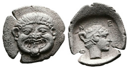 Macedon. Neapolis. Circa 424-350 BC. AR Hemidrachm (16 mm, 1,66 g.). Facing gorgoneion with protruding tongue. Rev. Ν-Ε / Ο-Π Head of the nymph of Nea...