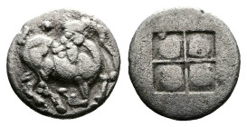 Thraco-Macedonian Tribes. Mygdones or Krestones. Circa 485-480 BC. 1/8 Stater (11 mm, 0,87 g.). Goat kneeling right, his head turned back to left; abo...