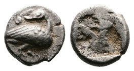 Macedon. Eion. Circa 480-470 BC. AR Diobol (9 mm, 0,78 g.). Goose standing to right, head turned to left. Rev. Rough incuse square. SNG ANS 272. Nicel...