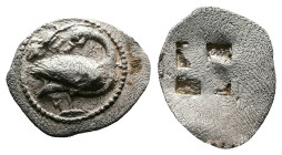 Macedon. Eion. Circa 460-400 BC. AR Trihemiobol (14 mm, 0,87 g.). Goose standing to right, head turned back to left; above, lizard to left. Rev. Quadr...