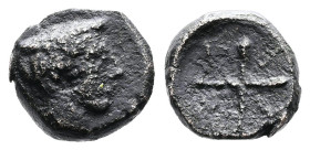 Macedon, Tragilos. Circa 420-400 BC. AE (10mm, 1,22g.). Head of Hermes to right, wearing petasos. Rev. [T-P-A-I ] in quarters of quadripartite divisio...