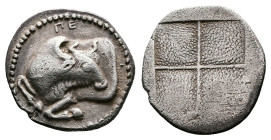 Macedon, Akanthos. Circa 430-390 BC. AR Tetrobol (15mm, 2,09 g.). Forepart of bull to left, head reverted. Rev. Quadripartite incuse square with granu...