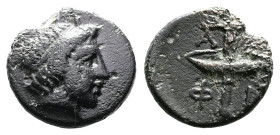 Macedon, Amphipolis. Circa 357-353 BC. AE Dichalkon (11 mm, 1,53 g.), struck under Philip II. Diademed head of Apollo to right. Rev. A-M / Φ-I Lighted...