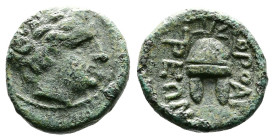 Macedon, Orthagoreia, circa. 350 BC. AE (14 mm, 2,18 g.). Laureate head of Apollo right. Rev. OPΘAΓ-OPEIΩN, Macedonian helmet. SNG ANS 569; BMC 6. Nic...