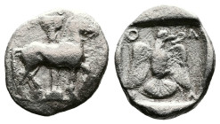 Macedon, Olynthos. Circa 460-432 BC. AR Tetrobol (16mm, 2,28 g.). Bridled horse standing right; Ionic column in background. Rev. ΟΛ ΥΝ Eagle, holding ...