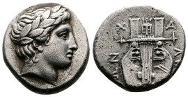 Macedon, Chalkidian League, Olynthos, circa 383-379 BC. AR Tetradrachm (24 mm, 14,29 g.). Laureate head of Apollo to right, a few locks of his hair fa...