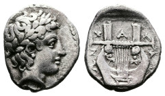Chalkidian League. Olynthos. Circa 410-401 BC. AR Tetrobol (15 mm, 2.30 g.). Laureate head of Apollo to right. Rev. Χ-Α-Λ-ΚΙΔ-ΕΩΝ Lyre with seven stri...