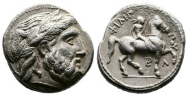Kings of Macedon, Philip II 359-336 BC. AR Tetradrachm (24 mm, 14,13 g.). Amphipolis, struck Laureate head of Zeus to right. Rev. ΦΙΛΙΠΠΟΥ Young, nude...
