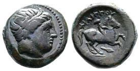 Kings of Macedon. Philip II, 359-336 BC. AE (17mm, 6,16g.). Uncertain mint in Macedonia. Diademed head of Apollo to right. Rev. ΦΙΛΙΠΠΟΥ Youth on hors...