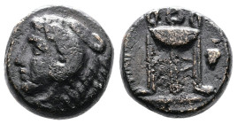 Macedon, Philippi, circa. 356-345 BC. AE (15mm. 6,92g.). Head of Herakles left, wearing lion's skin headdress. Rev. ΦΙΛΙΠΠΩΝ Tripod, in field to right...