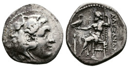 Kings of Macedon, Alexander III 'the Great'. AR Drachm (19mm, 3,99g.). Lampsakos, 328-323 BC. Head of Herakles to right, wearing lion skin headdress R...