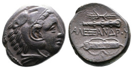 Kings of Macedon, Alexander III 'the Great' 336-323 BC. AE (18 mm, 6,58g.). Uncertain mint in Macedon, circa 336-323 BC. Head of Herakles to right, we...