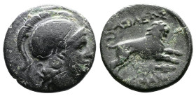 Kings of Thrace, (Macedonian), Lysimachos. 305-281 BC. AE (18mm, 4,41 g.). Lysimacheia. Helmeted head of Athena right . Rev. ΒΑΣΙΛΕΩΣ ΛΥΣΙΜΑΧΟΥ Lion l...
