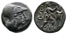 Kings of Macedon, Antigonos II Gonatas, 277/6-239 BC. AE (19 mm, 4,42 g.). Head of Athena to right, wearing Corinthian helmet. Rev. B - A Pan standing...
