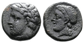 Thessaly, Gyrton, circa 340s-320s BC. Æ Trichalkon (18mm, 7.33 g, 8h). Laureate head of Gyrton left. Rev. Head of the nymph Gyrtone left; monogram to ...