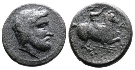 Thessaly, Krannon, circa 350-300 BC. AE (19mm, 5,58g.). Laureate head of Poseidon to right. Rev. Thessalian horseman riding to right; KP-A around, tri...