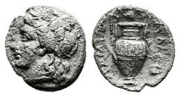 Thessaly, Lamia, circa 360-350 BC. AR Obol (11mm. 0,82g.). Head of Dionysus left, wearing ivy wreath. Rev. ΛΑΜΙΕ – ΩΝ Amphora; above, ivy leaf; in r. ...