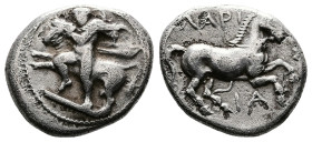 Thessaly, Larissa, circa 420-400 BC. AR Drachm ( 19mm, 5,89 g.). Thessalos, with cloak over his shoulders, striding left, holding a rushing bull with ...