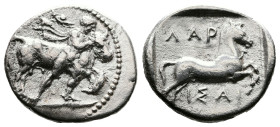 Thessaly, Larissa, circa 450/40-420 BC. AR Drachm (20 mm, 5,82 g.). Thessalos striding to right, naked but for chlamys over his shoulders, his petasos...
