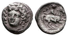 Thessaly, Larissa, circa 344-337 BC. AR Trihemiobol (11 mm, 1,12 g.). Head of the nymph Larissa facing, turned slightly to the left, wearing ampyx, pe...