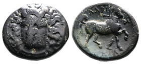 Thessaly, Larissa, 4th. Century BC. AE Tetrachalkon (22mm, 9,12 g.). Head of the nymph Larissa facing slightly left. Rev. ΛΑΡΙ-Σ-ΑΙΩΝ (partially retro...