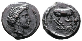 Thessaly, Larissa. Circa 380-365 BC. AE Dichalkon (23 mm, 4,70 g.). Head of nymph Larissa to right, wearing triple pendant earring. Rev. ΛAPI[ΣAIΩN] H...