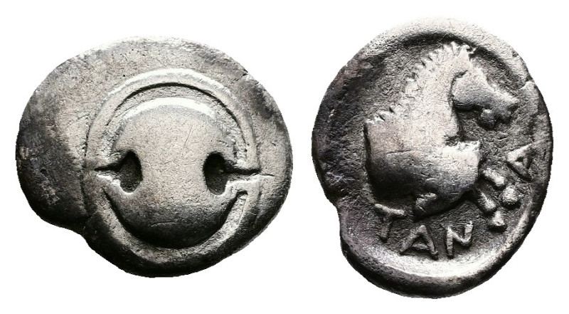 Boiotia, Tanagra, early-mid 4th. Century BC. AR Obol (11mm, 0,74g.). Boiotian sh...