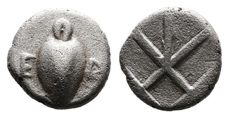 Boiotia, Orchomenos, circa 475-425 BC. AR Obol (8mm, 0,81 g.). Wheat grain, spro...