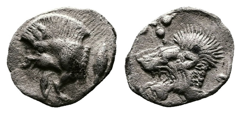 Mysia, Kyzikos, circa 450-400 BC. AR Hemiobol (9mm, 0.42g.). Forepart of boar le...