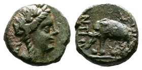 Seleukid Kingdom, Antiochos III 'the Great', 223-187 BC. AE (11mm, 1,60 g.). Sardes, 213 BC. Laureate head of Apollo to right. Rev. ΒΑΣΙΛΕΩΣ ΑΝΤΙΟΧΟΥ ...