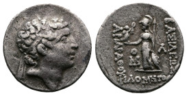 Kings of Cappadocia, Ariarathes VII Philometor, 116–101 BC or 111–100 BC. AR Drachm (18mm, 4,14 g.). Eusebeia-Mazaca, RY (9) =103-101 BC. Diademed hea...