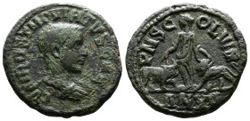 Moesia Superior, Viminacium, Hostilian, as Caesar AE (27 mm, 11,62 g.). Dated RY 12 = AD 250/1. C VAL HOST M QVINTVS CAE, bare-headed, draped and cuir...